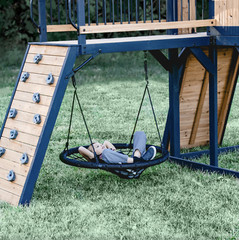Timber Crossing Swing Set – Cedar Wood Outdoor Playset, Rock Wall, Slide, Swings