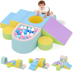 Toddler Climbing Toys Indoor, 6-Piece Baby Foam Climbing Blocks with Ball Pit, C