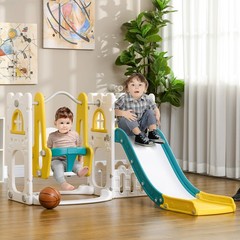 6 in 1 Toddler Slide and Swing Set w/ Basketball Hoop Climber Yellow Refurbished
