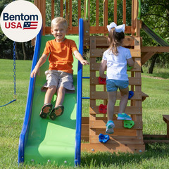 Beach Front Cedar Wood Swing Set with Wave Slide, Play Deck, Monkey Bars, Rock W