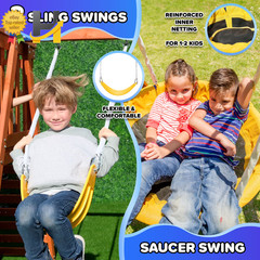 Wooden Swing Set with Saucer Swing Play Fort Bench with Table Sandbox Slide NEW