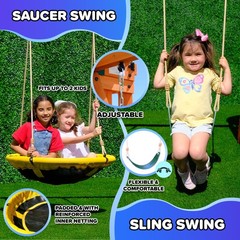 BACKYARD WOODEN SWING SET W/ 2-PERSON SAUCER SWING 6′ SLIDE PLAYGROUND FORT