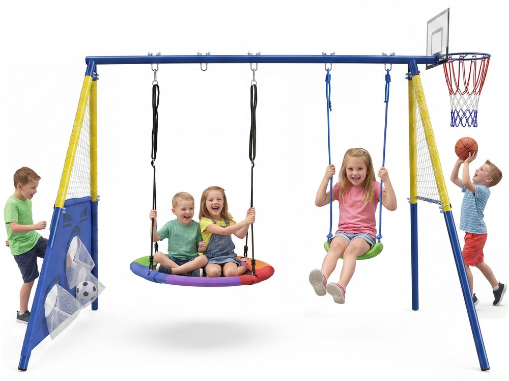 5-in-1 Kids Swing Set with Saucer Swing, Belt Swing, Basketball & Soccer