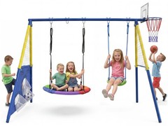 5-in-1 Kids Swing Set with Saucer Swing, Belt Swing, Basketball & Soccer