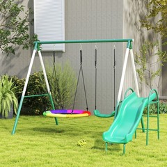 Qaba Metal Swing Set with Slide, Heavy Duty Swing Set, Dark Green