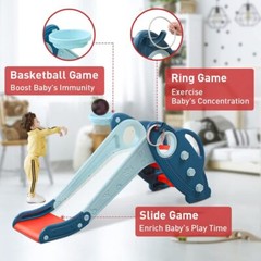 Blue Folding Freestanding Toddler Slide With Basketball And Ring Toss Games