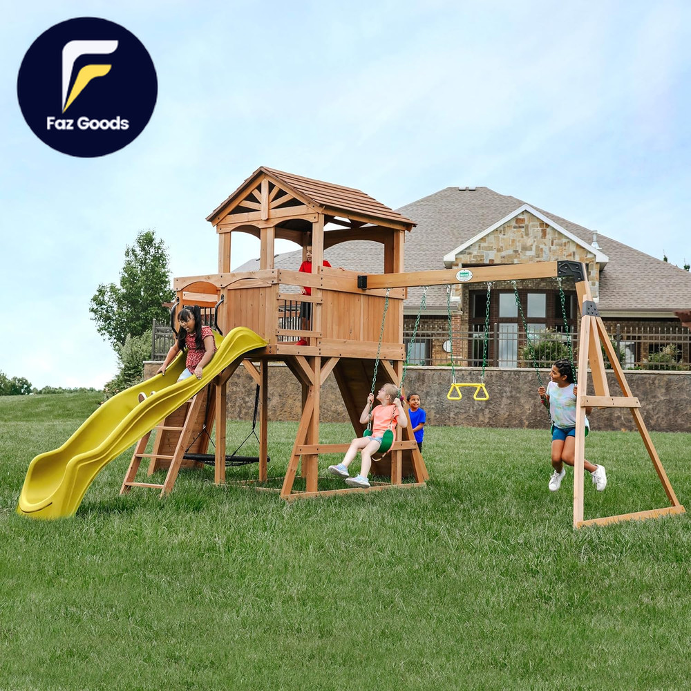 Backyard Discovery Sterling Point Cedar Wood Swing Set with Wave Slide Raised