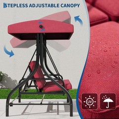 Red 3-Seat Patio Swing, 180° Reclining Bed, Adjustable Canopy, 800lb Steel