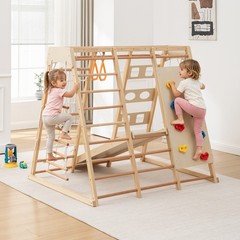9-in-1 Wooden Climbing Set w/ Slide, Pikler Triangle Indoor Play Structure 176lb