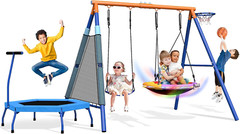 5-in-1 Kids Swing Set with Trampoline, Saucer Swing & Basketball Hoop