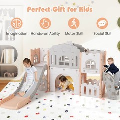 6 in 1 L-shaped Toddle Slide for Toddlers Age 1-3 Baby Slide w/ Basketball Hoop