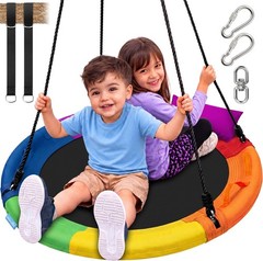 Durable Indoor/Outdoor 40” Saucer Swing with Adjustable Ropes – Rainbow Fun