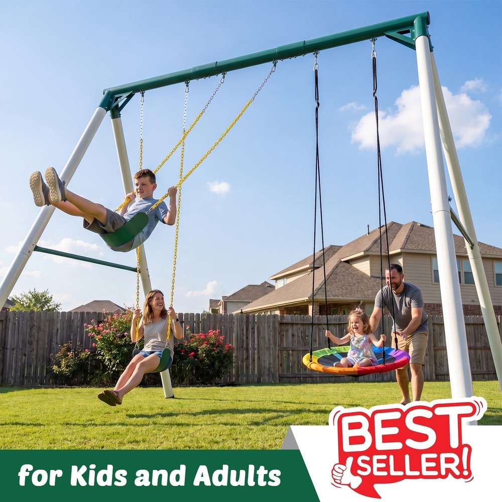 600lbs Heavy Duty 9.5ft Metal Swing Set Backyard Kids Adults Playset w/3 Swings