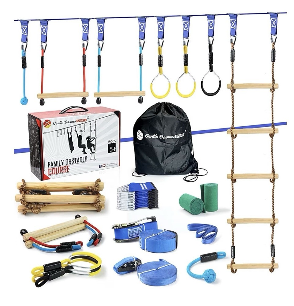 Warrior Obstacle Course for Kids, 56ft Slackline Kit with 8 Ninja Accessories(B)