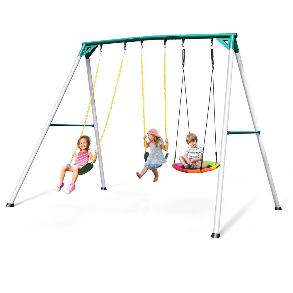 700lb 9.5′ Metal Swing Set Heavy Duty Tall Frame for Kids Backyard with 3 Swings
