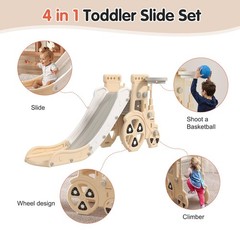 Toddler Slide Playset, Activity Center with Basketball Hoop, Yellow