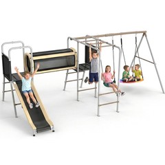 Metal Swing Set Outdoor Kids Slide Backyard Playground Playset with Monkey Bar
