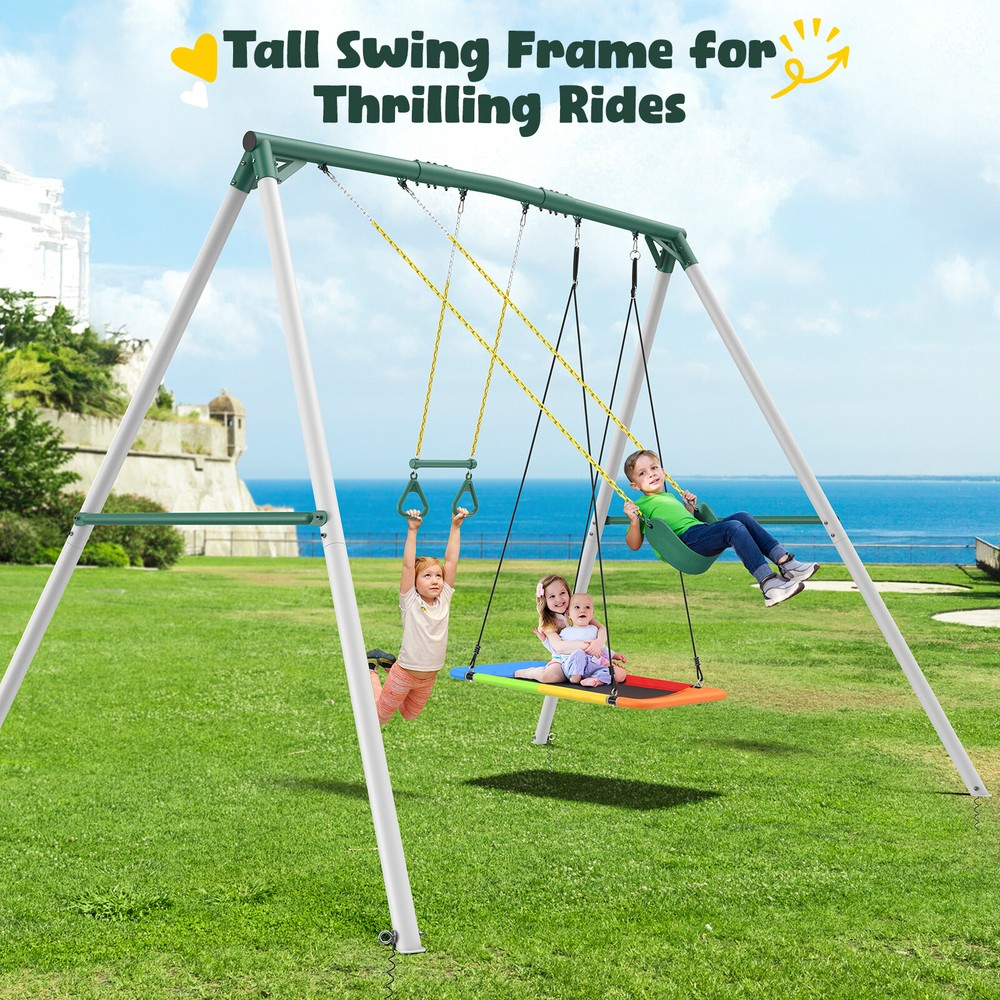 700lbs 9.5ft Heavy Duty Metal Swing Set for Kids with Platform Swing Trapeze Bar