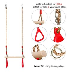 PELLOR Playground Children’s Wooden Trapeze Swing Bar with Plastic Gym Rings Swi