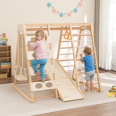 9-in-1 Indoor Wooden Play Structure w/ Slide & Climbing Wall for Toddlers Age 3+