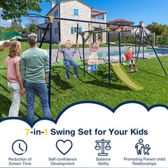 7-in-1 Kids Swing Combo Set w/ Adjustable Ropes & 8 Ground Stakes for Outdoor