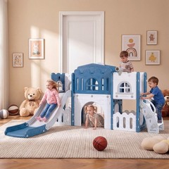 All in 1 Toddle Slide Playset Freestanding Kids Slide w/ Tunnel Basketball Hoop