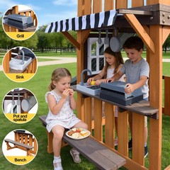 8IN1 Kid Wood Swing Slide Set Playhouse Rock Wall,Kitchen Backyard FunPlayground