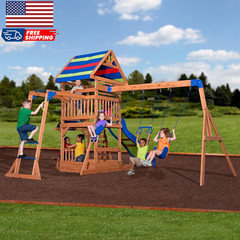 Backyard Discovery Beach Front Cedar Wood Swing Set with Wave Slide Play Deck