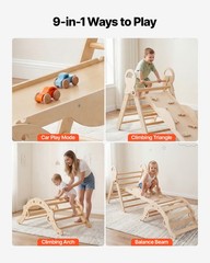 VEVOR Pikler Triangle Set 9-in-1 Toddler Climbing Toys with Wooden Cars Wood