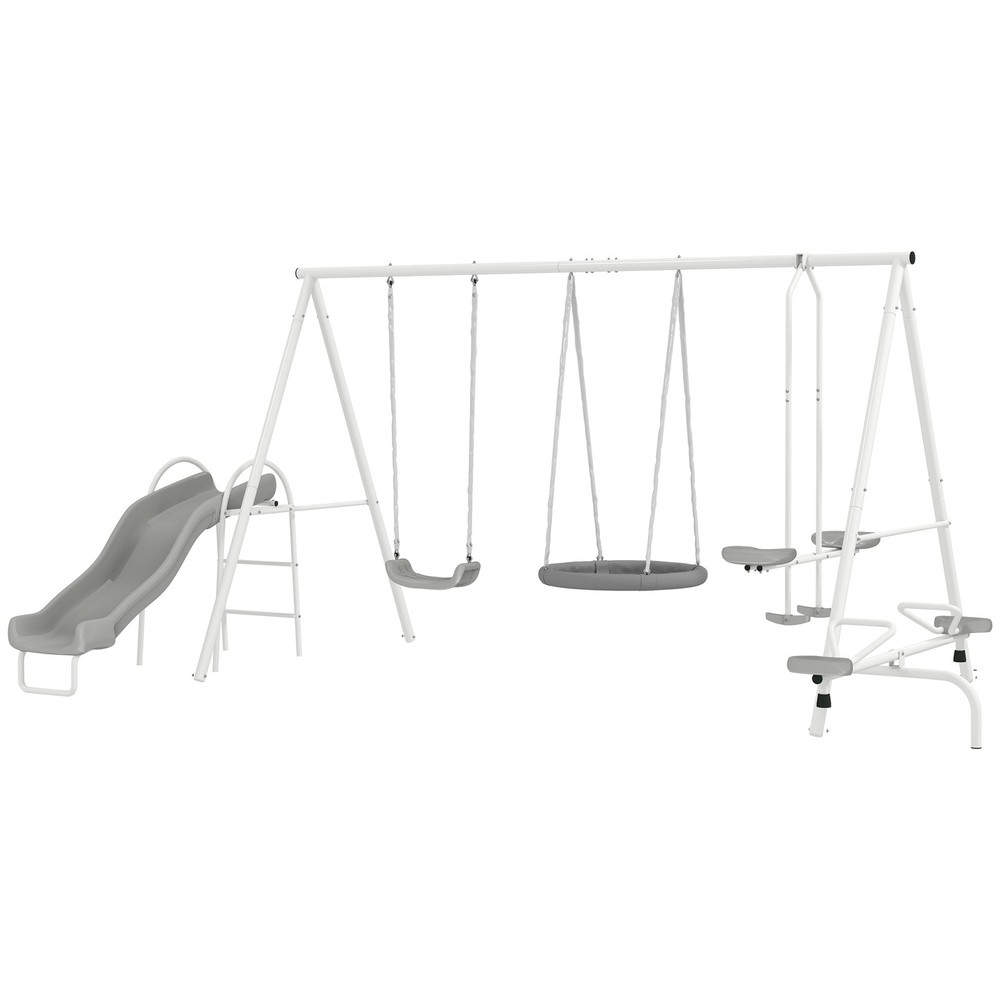 5 in 1 Kids Swing Set for Backyard Heavy-Duty A-Frame Stand, Saucer Swing, Slide