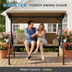 3 Seat Outdoor Porch Swing Chair, Adjustable Canopy Swing Bench, Convertible