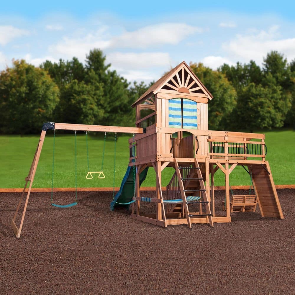 Outdoor Wooden Swing Set Toy Playhouse PlaySet with Slide Stairs All Cedar NEW