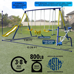 Royal Fun Metal Swing Set for Kids Ages 3-8 with 2 Swings, Standing Swing, Glide