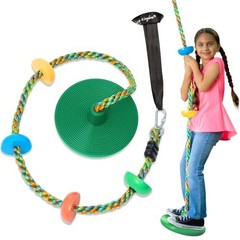 Green/Brown – Jungle Gym Kingdom Tree Swing for Kids, Disc Seat, Climbing Rope