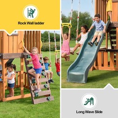 Large Wooden Kids Swing Slide Set Playhouse Kitchen,Rock Wall Outdoor Playground