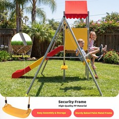 Metal and Plastic Treehouse Swing Set with Slide,Belt Swings and Canopy for Kids