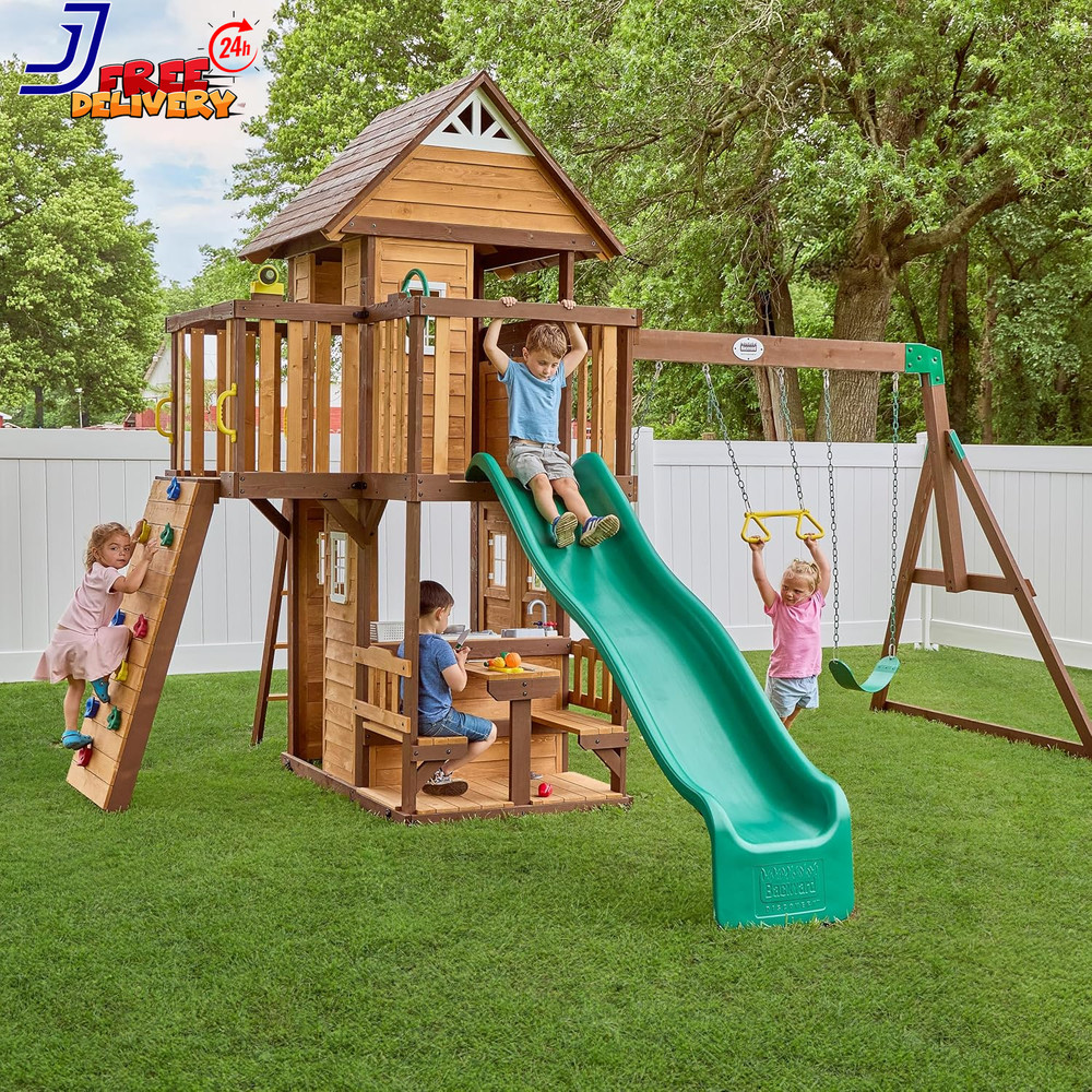 Backyard Discovery Spruce Hollow Spruce Wood Swing Set W/Wave Slide Clubhouse