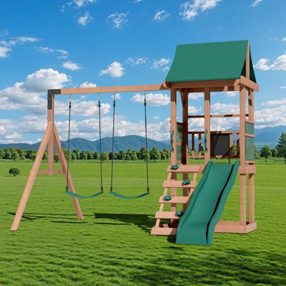 4-in-1 Cedar Swing Set: Slide, Rock Wall & Soft Cushion Swings for Backyard