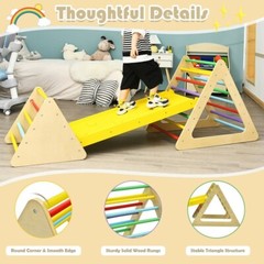 3-in-1 Kid Climbing Ladder Set 2-Triangle Climber W/ Ramp Sliding Wooden Playset