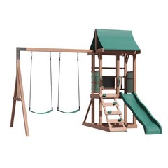 4-in-1 Cedar Swing Set: Slide, Rock Wall & Soft Cushion Swings for Backyard