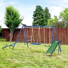 Metal Swing Set for Kids with Double Swings Slide Seesaw Glider