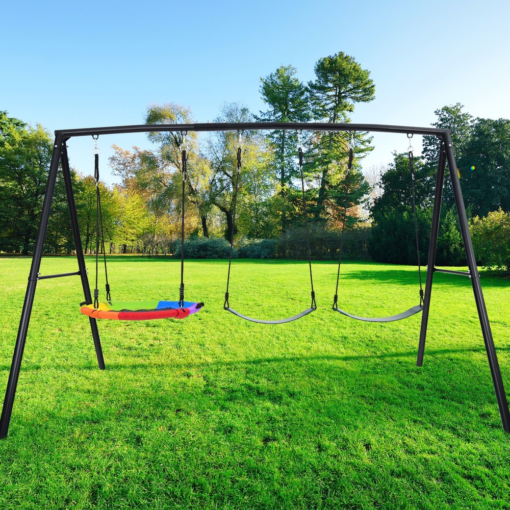 500lbs Metal Swing Set Heavy Duty Kids Adult Playset for Backyard w/3 Swing Seat