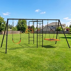 Heavy Duty Metal Swing Set Playground Set for Backyard w/Monkey Bar Climbing Net