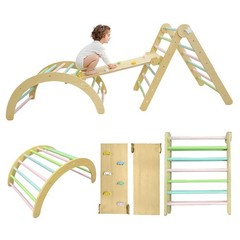 Wooden Climbing Frame Toddlers Baby Climbing Toys Triangle Set with Ramp & Arch