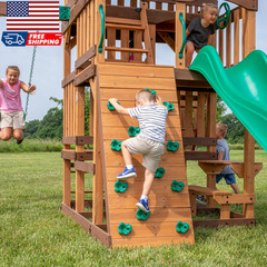 Highlander Cedar Wood Swing Set with Wave Slide Three-Story Clubhouse Rock Wall