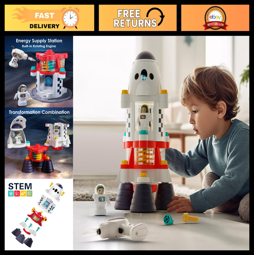 Rocket Outer Space Playset – Kids Spaceship with Drill & Astronauts, STEM Gift f