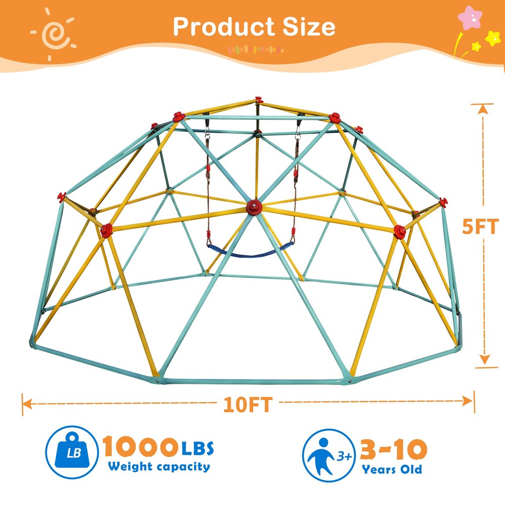 10FT Heavy Duty Outdoor Kids Climbing Dome Jungle Gym Backyard Playground Swing