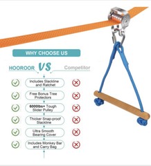 Hooroor Ninja Slackline Pulley with 52ft Zioline, Monkey Bar