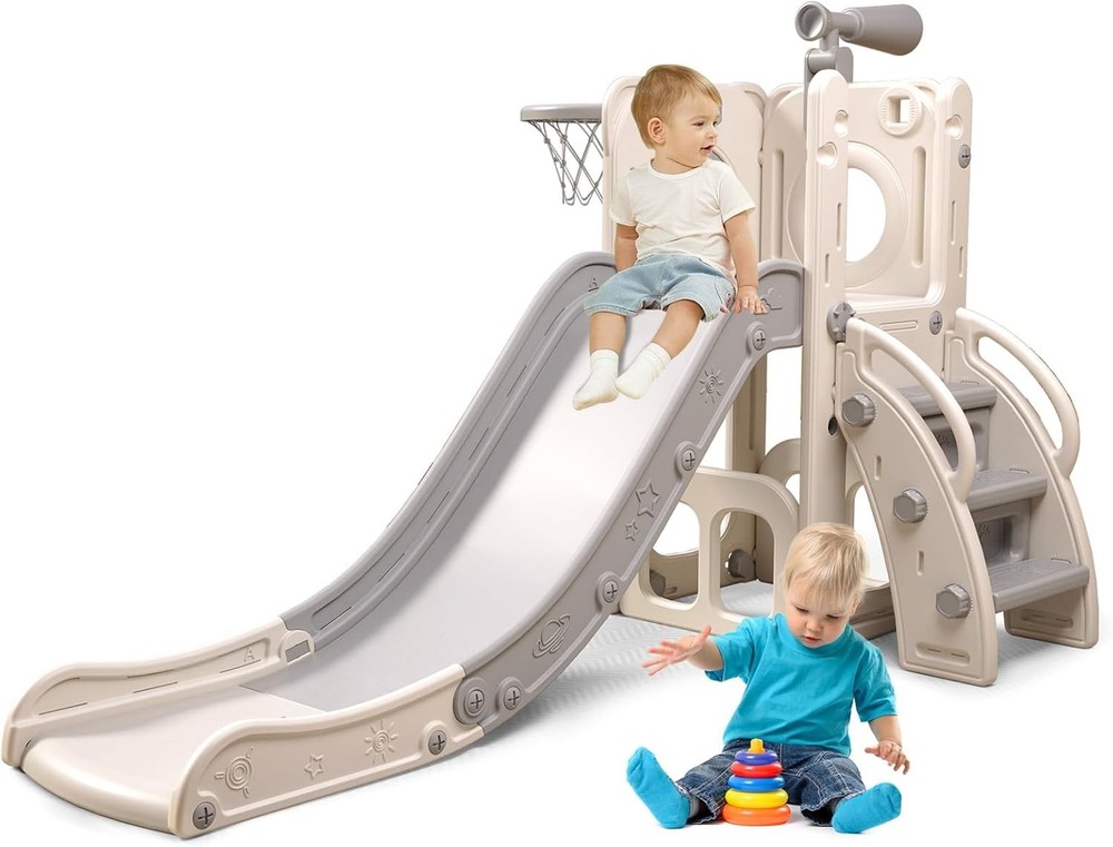 6 in 1 Toddler Playset with Hoop Ball Kids Playground Slide Outdoor Toys Gray