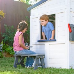 Teamson Kids Rainbow Shade Wooden Playhouse with Kitchen, Flower Box & Bench